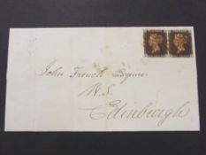 GB JULY 1840 PAIR OF PENNY BLACKS ON COVER TO EDINBURGH (MG & MH) 4 MARGIN PL3 WITH RPSL CERT Very