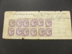 GB 1D LILAC - POST OFFICE SAVINGS FORM FOR 12 LILACS Fascinating use of the 1d lilac and dare we say