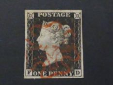 GB 1840 1d PENNY BLACK PLATE 1b, 4 MARGINS, LETTERS FD 1d black, 4 margins, corner letters FD, plate
