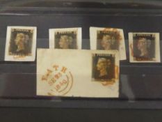 GB 1840 1d BLACKS x 5 ALL ON PIECE, 2 4 MARGIN, 3, 3 MARGIN ALL FINE USED Group of unplated