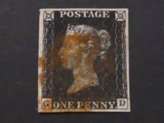 GB 1840 1d PENNY BLACK PLATE 1b 4 MARGINS LETTERS GD TIED RED MALTESE CROSS 1d black, 4 good