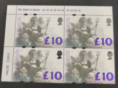 GB 1993 £10 BRITANNIA IN CORNER MARGINAL BLOCK OF 4 , MNH Card with a corner marginal (with printers