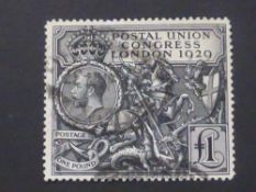 GB 1929 GV PUC £1 FINE USED IN CARD Fine used £1 Postal Union Congress value, with feint oval