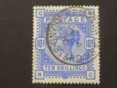 GB 1883 10 SHLLING BLUE FINE USED WITH KEMPTON PARK, GRANDSTAND RING CANCEL 10 Shilling blue, corner
