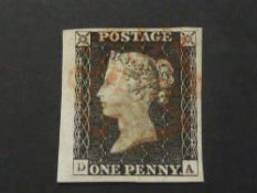 GB 1840 1d PENNY BLACK PLATE 2, 4 MARGINS, LETTERS DA Attractive 1d black with large left margin,