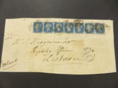 GREAT BRITAIN 1841 2d BLUE IN STRIP OF 7 (JF-JL) SENT TO LISBURN (COVER FRONT) Front of cover with a