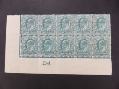 GB EVII 1/2d BLUE GREEN IN BLOCK OF 10 (CONTROL D4) WITH BROKEN FRAME LINE BOTTOM RIGHT Fine block