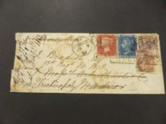 GB/INDIA POSTAL HISTORY 1861 COVER TO TRICHINOPOLY INDIA WITH GB & EAST INDIA STAMPS Interesting