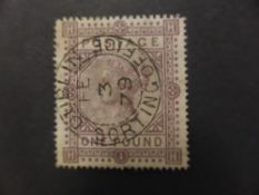 GB 1878 £1 BROWN-LILAC (MALTESE X WMK) WITH FINE DUBLIN SORTING OFFICE RING CANCEL Very