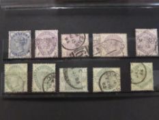 GB 1883 GREENS & LILACS, SET OF 10 ALL FINE USED Card with a full run of the Green and Lilacs