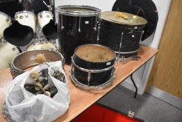 A selection of vintage drum shells, cymbals etc