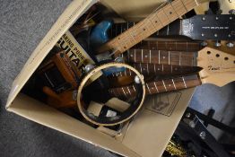 A selection of guitar necks including Harmony Rocket and other accesories/spares including Fender
