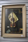 A mounted print, violin/fiddle interest, approx. 71 x 53cm