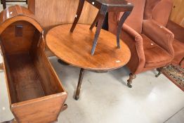 A 19th Century oak tripod table, cut down to coffee table height, diameter approx. 87cm