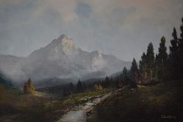 Karl Schmidbauer (German 1921 - 1998) Oil on canvas, an attractive alpine mountain landscape, signed