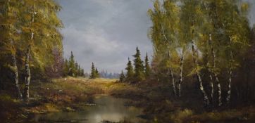 A 20th century oil on canvas, woodland scene with pond, indistinctly signed lower right within a