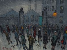 James Downie (British b.1949) Oil on canvas depicting workers leaving a mill in the rain, signed