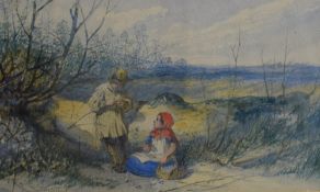 Fredrick Holding (1817 - 1874) watercolour, a couple resting beside a fallen tree, signed lower