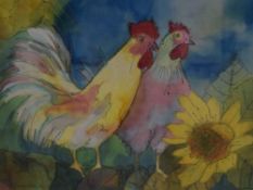 Jill Clay (British b.1964) Silk Painting, a colourful piece depicting chickens and sunflowers,