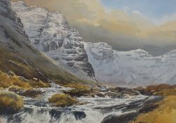 Edwin Greig Hall (British 1929 - 2017) Watercolour, a snowy mountain and river scene featuring the