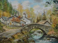 John Corcoran (British b.1940) Oil on canvas, forested village bridge scene, signed lower left,