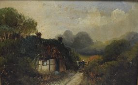 20th Century Oil on board by unknown artist, a country cottage with figure stood by gate,