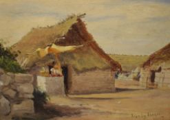 Townley Benson (Canadian 1848-1907) oil on board, a dwelling beneath mountains with woman working