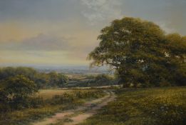 Hilary Scoffield (British b.1958) oil on canvas 'Hillside Track', a pastoral scene of a farm