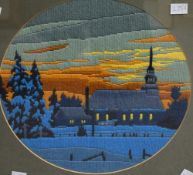 An attractive contemporary stitched tapestry, depicting a countryside church at sundown, un-