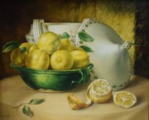 Charles Mangin (Belgian 1892 - 1977) oil on canvas, still life study, lemons in a green glazed