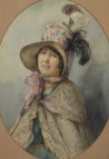 Elizabeth Brockbank (1882 - 1949) watercolour, depicting a young woman in feathered hat, signed
