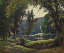 Reginal Ashinwall (British 1858 - 1921) oil on canvas, idyllic summer lake scene with couple reading