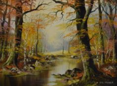 John Corcoran (British b.1940) Oil on canvas, an Autumnal river scene, signed lower right, artist