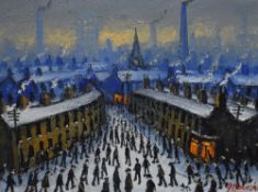 James Downie (British b.1949) Oil on canvas depicting a busy northern town scene at night with
