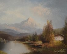 Campbell (20th Century) a pair of oil on board landscapes, the first depicting figures beside a lake