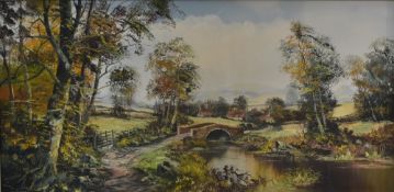 John Corcoran (British b.1940) oil on canvas, a bridge over a stream leading to a village in Autumn,