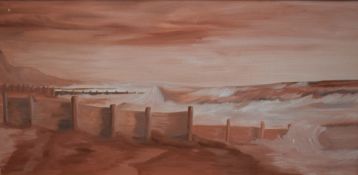 Contemporary acrylic on board, a beach scene in pink tones depicting waves breaking along groynes on