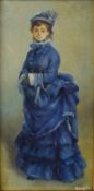 A decorative 20th century oil on canvas, study of a young woman in a blue Victorian dress, signed