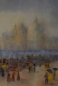 Tony Antonion (20th Century) Watercolour 'St Pauls from The River' figures with umbrellas walk along