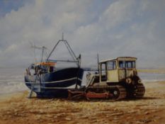 David Horne (British Contemporary) Oil on Canvas, depicting a fishing boat being towed on a beach,