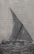 Contemporary monochromatic print on fabric 'Zanzibar' depicting a sail boat at sea, in a black