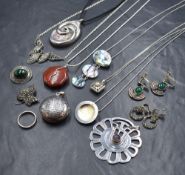 An assortment of silver and white metal jewellery, including a Mexican silver amethyst set floral