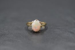 A 9ct gold opal ring having an oval opal, approx 9mm long, in an eight claw raised mount on a yellow