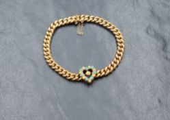 A 15ct gold turquoise and pearl set curb link bracelet, the central pierced heart set with