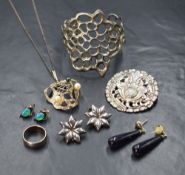 A small selection of white metal jewellery, most stamped 925/800 including cuff bangle, pendant,