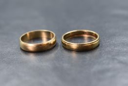 Two 9ct gold wedding bands of plain form, sizes J & I, approx 3.7g total