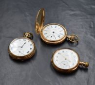 Three gold plated top wound pocket watches, comprising an open face Waltham, a full hunter Waltham