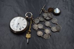 A Victorian silver open face key wound pocket watch, the white dial having Roman numerals and