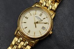A gent's gold plated Rotary quartz wrist watch having a Roman numeral and baton dial with date