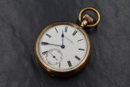 A 9ct gold T. Fattorini Bolton & Skipton open face top wound pocket watch, the white dial having